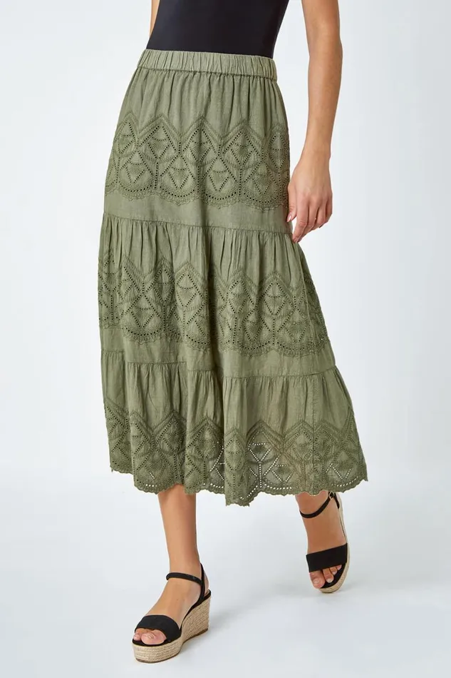 Women Khaki Broderie Elastic Waist A Line Tiered Midi Skirt Roman Skirts
