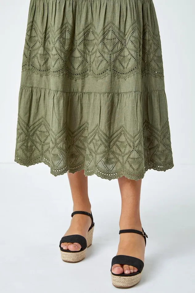 Women Khaki Broderie Elastic Waist A Line Tiered Midi Skirt Roman Skirts
