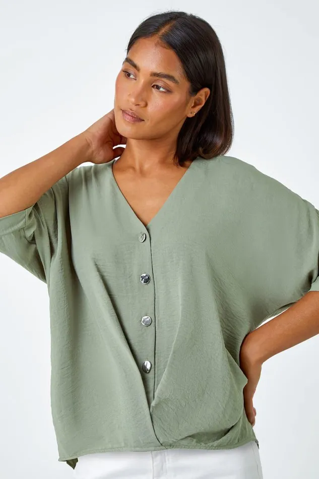 Women Khaki Button Front Twist Detail VNeck Top Roman Tops