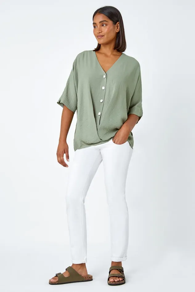 Women Khaki Button Front Twist Detail VNeck Top Roman Tops