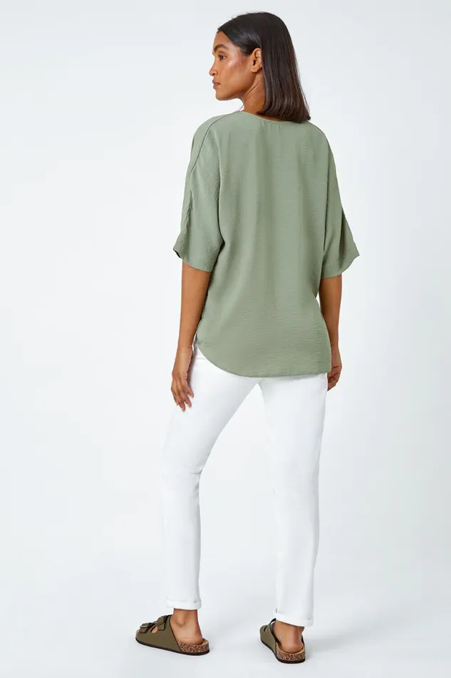 Women Khaki Button Front Twist Detail VNeck Top Roman Tops