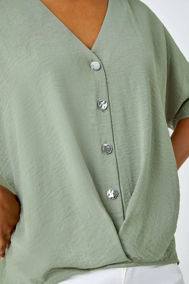 Women Khaki Button Front Twist Detail VNeck Top Roman Tops