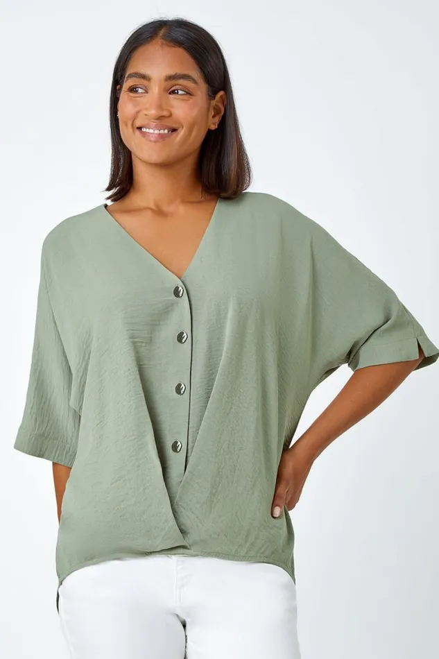 Women Khaki Button Front Twist Detail VNeck Top Roman Tops