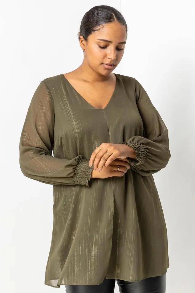 Women Khaki Curve Chiffon Shimmer Split Front Tunic Top Roman Tops