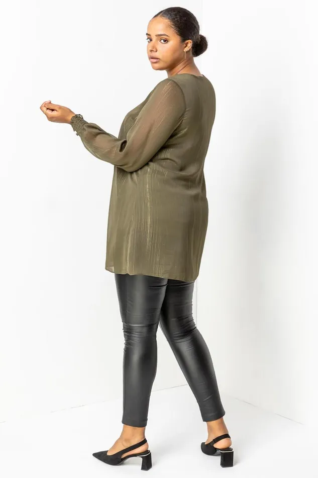 Women Khaki Curve Chiffon Shimmer Split Front Tunic Top Roman Tops