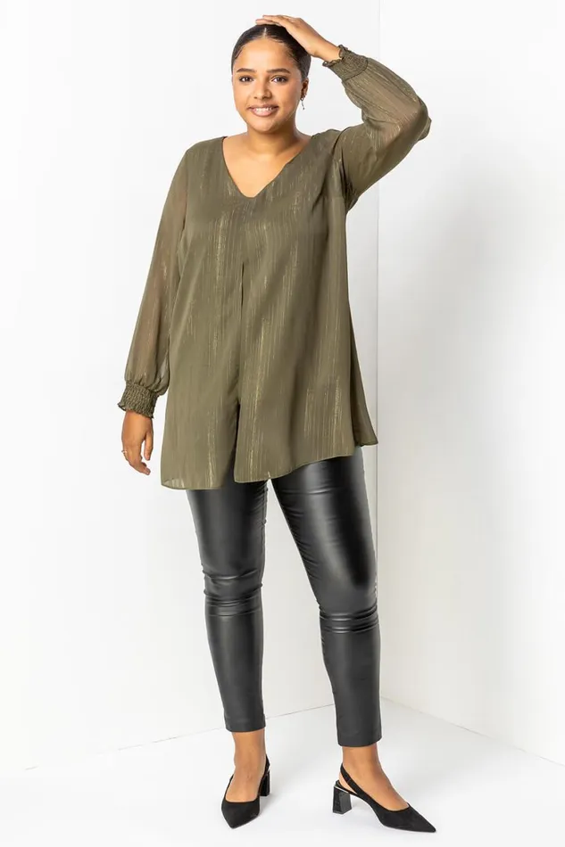 Women Khaki Curve Chiffon Shimmer Split Front Tunic Top Roman Tops