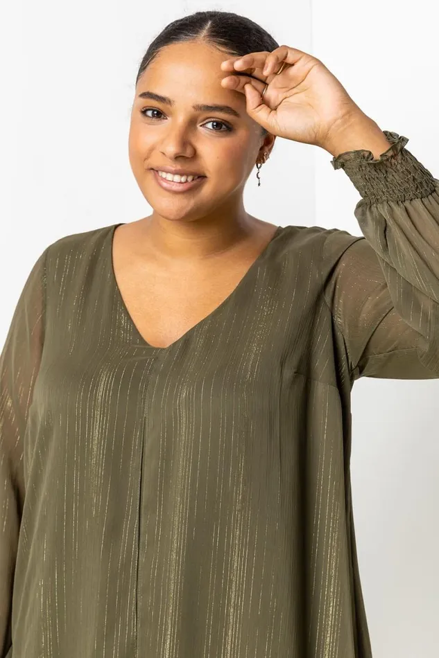 Women Khaki Curve Chiffon Shimmer Split Front Tunic Top Roman Tops