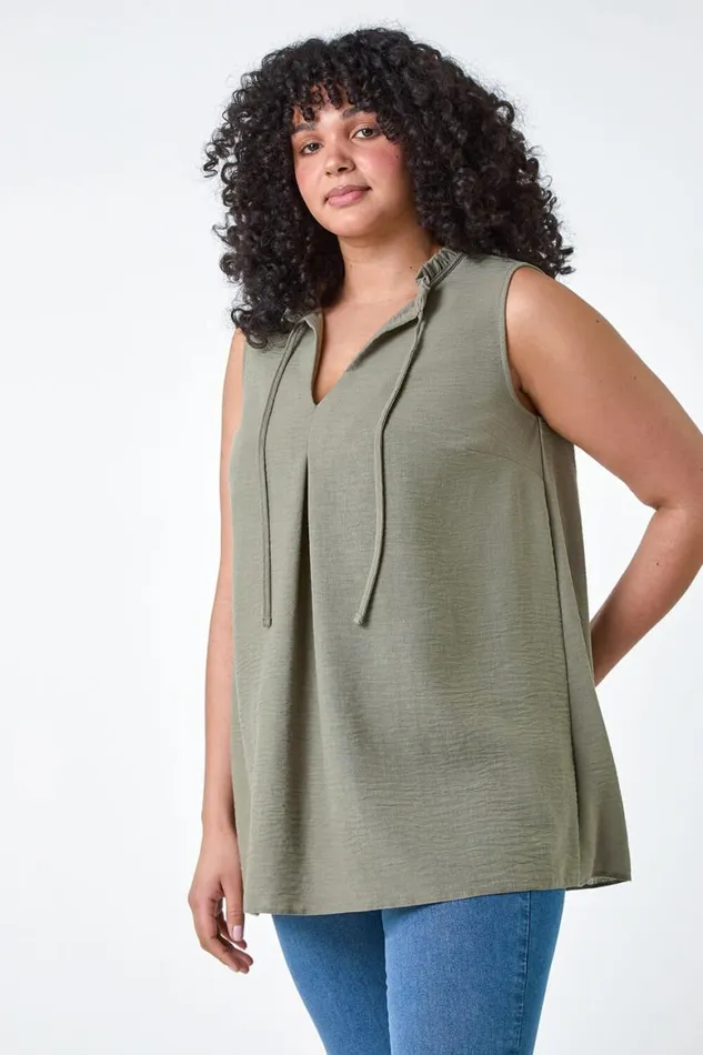 Women Khaki Curve Tie Neck VNeck Top Roman Tops