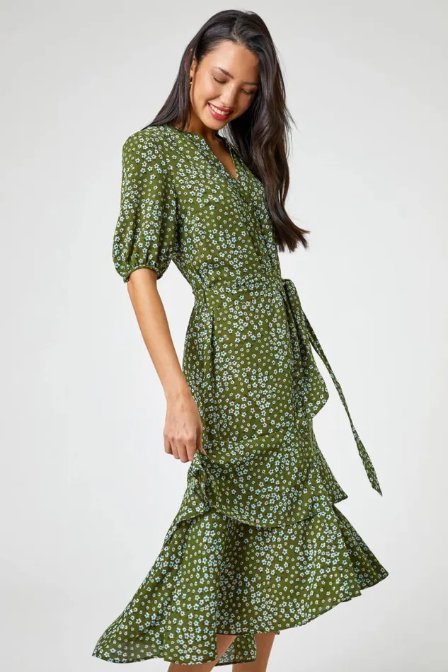 Women Khaki Ditsy Floral Frill Hem Midi Dress Roman Dresses
