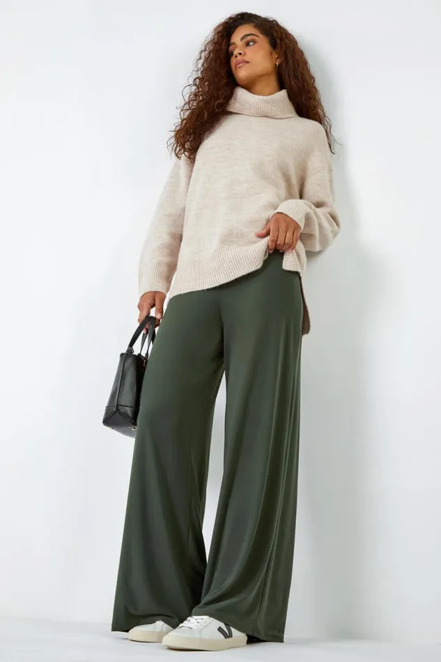 Women Khaki Elastic Waist Wide Leg Stretch Trousers Roman Trousers
