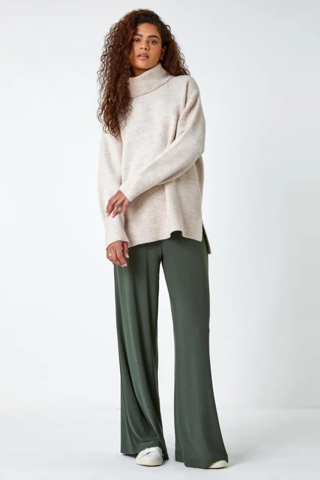 Women Khaki Elastic Waist Wide Leg Stretch Trousers Roman Trousers