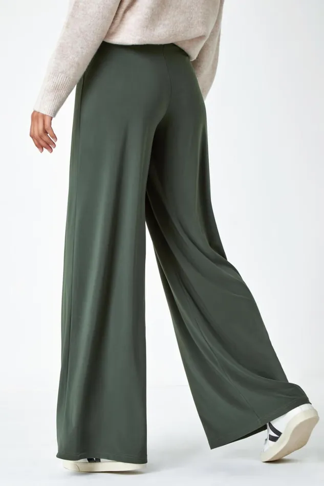 Women Khaki Elastic Waist Wide Leg Stretch Trousers Roman Trousers