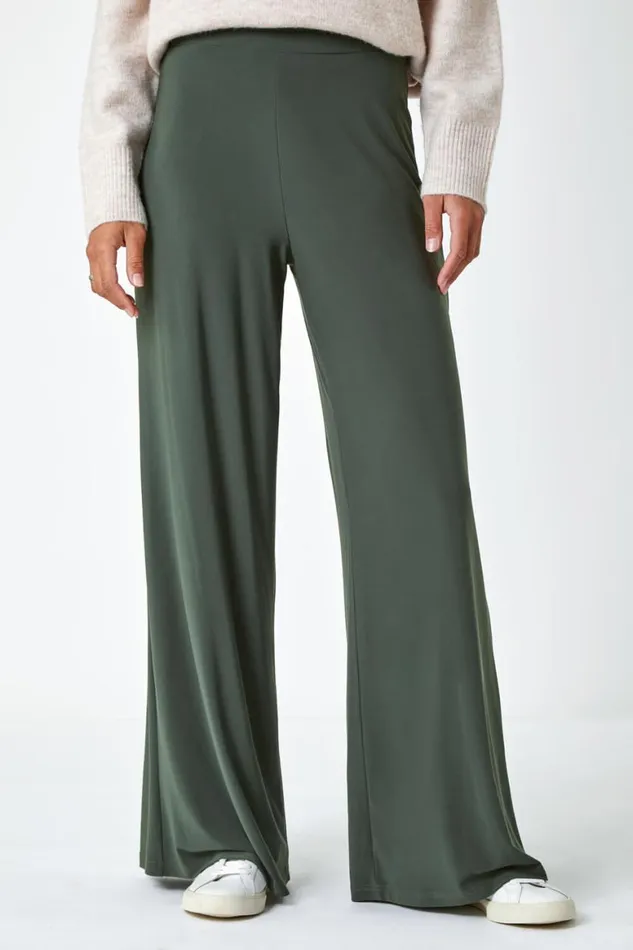 Women Khaki Elastic Waist Wide Leg Stretch Trousers Roman Trousers