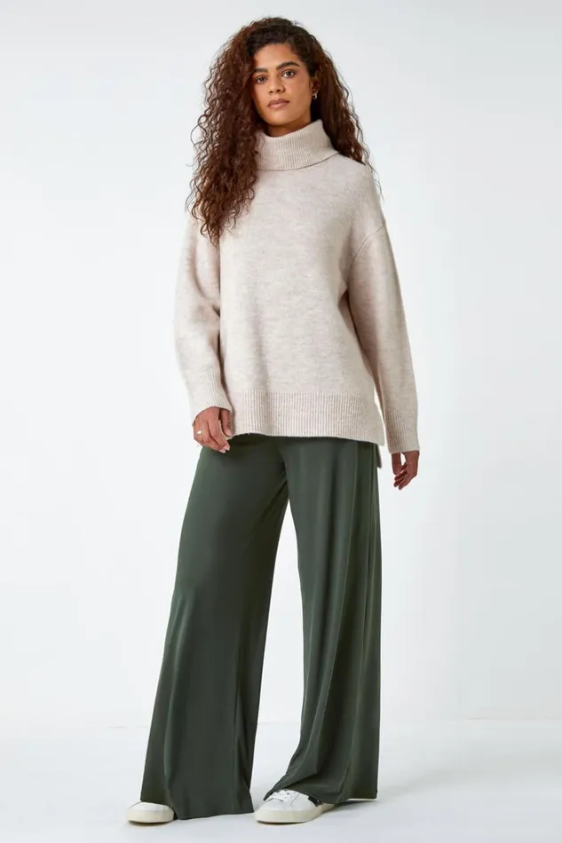 Women Khaki Elastic Waist Wide Leg Stretch Trousers Roman Trousers