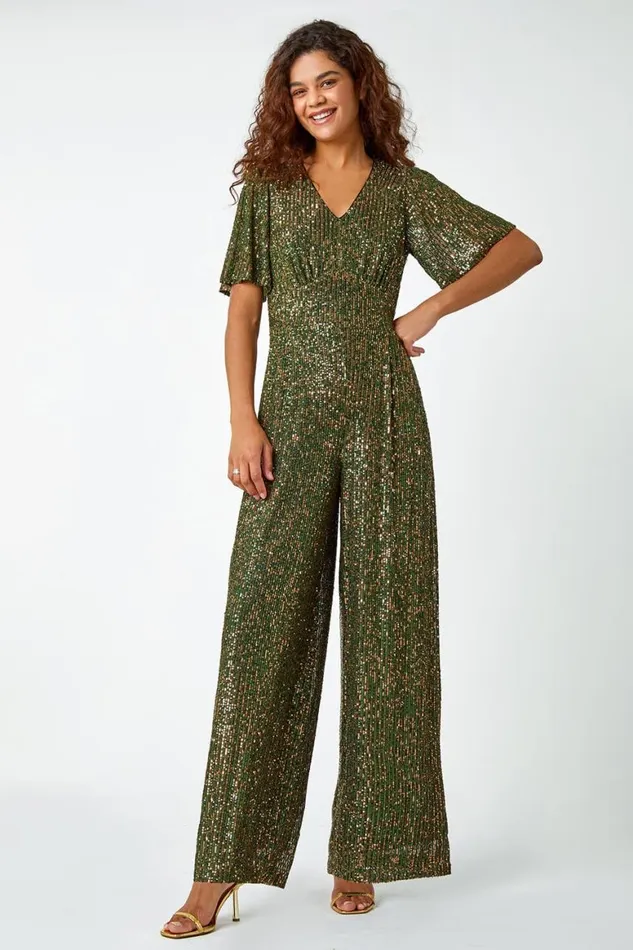 Women Khaki Embellished Sequin Stretch Jumpsuit Roman Jumpsuits and Playsuits