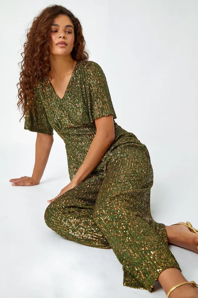 Women Khaki Embellished Sequin Stretch Jumpsuit Roman Jumpsuits and Playsuits