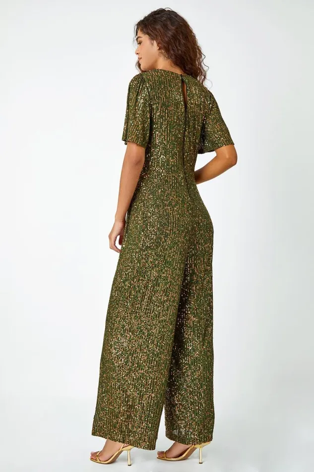 Women Khaki Embellished Sequin Stretch Jumpsuit Roman Jumpsuits and Playsuits
