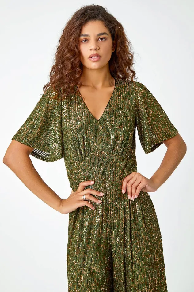 Women Khaki Embellished Sequin Stretch Jumpsuit Roman Jumpsuits and Playsuits