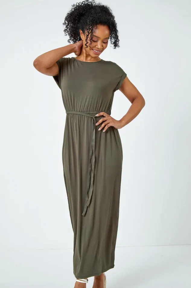 Women Khaki Petite Plain Maxi Stretch Dress Roman Dresses