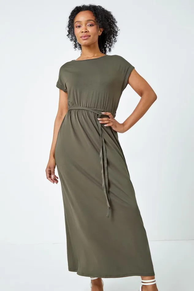 Women Khaki Petite Plain Maxi Stretch Dress Roman Dresses