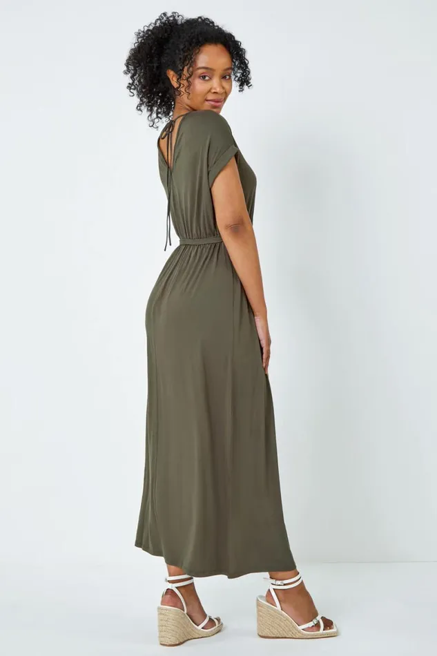 Women Khaki Petite Plain Maxi Stretch Dress Roman Dresses