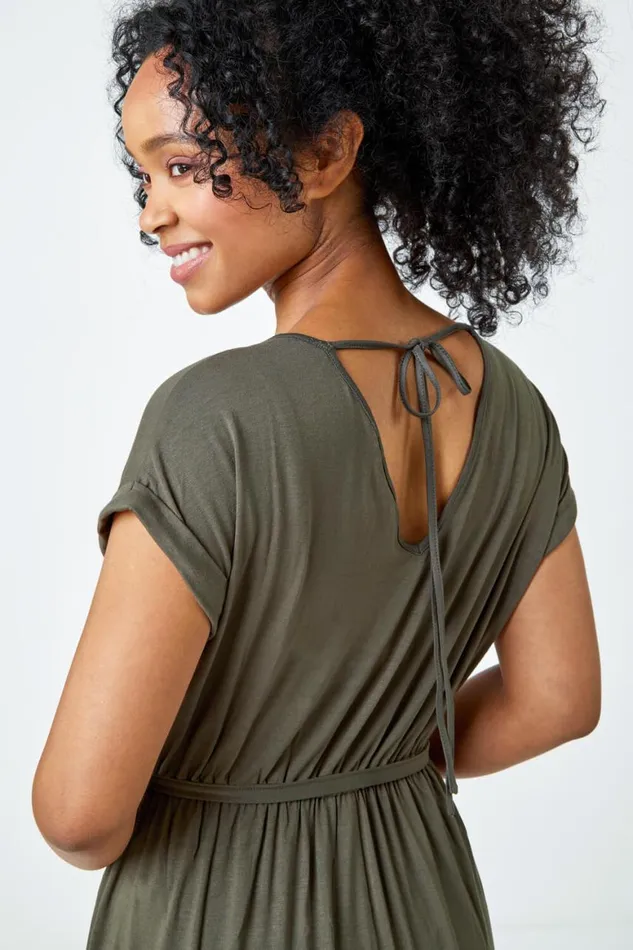 Women Khaki Petite Plain Maxi Stretch Dress Roman Dresses
