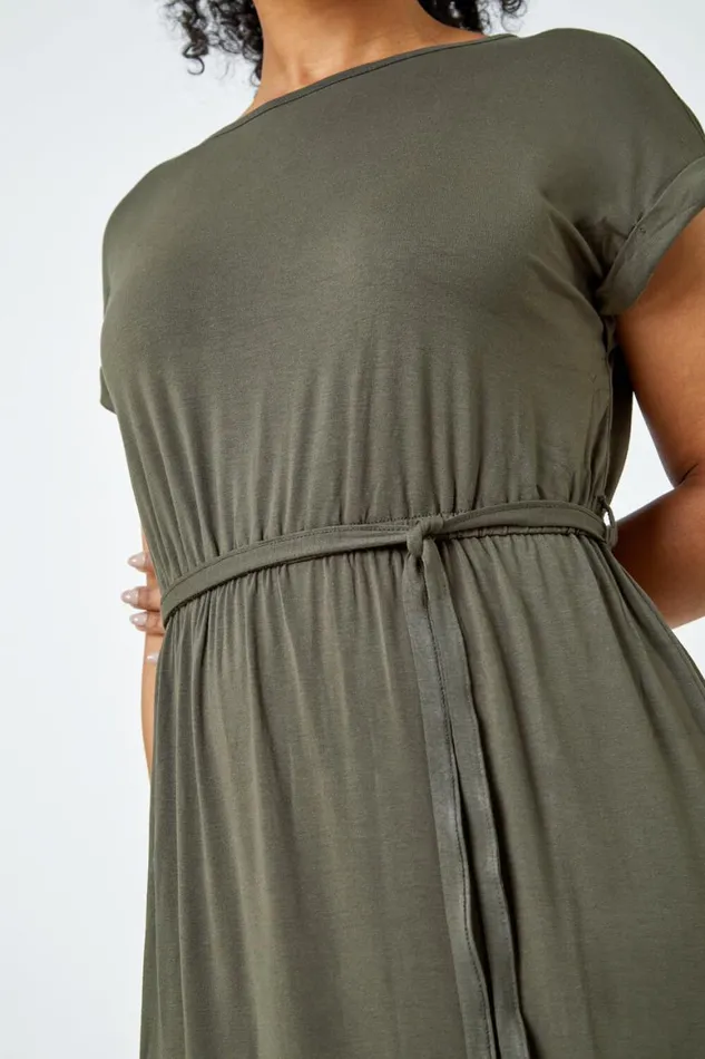 Women Khaki Petite Plain Maxi Stretch Dress Roman Dresses