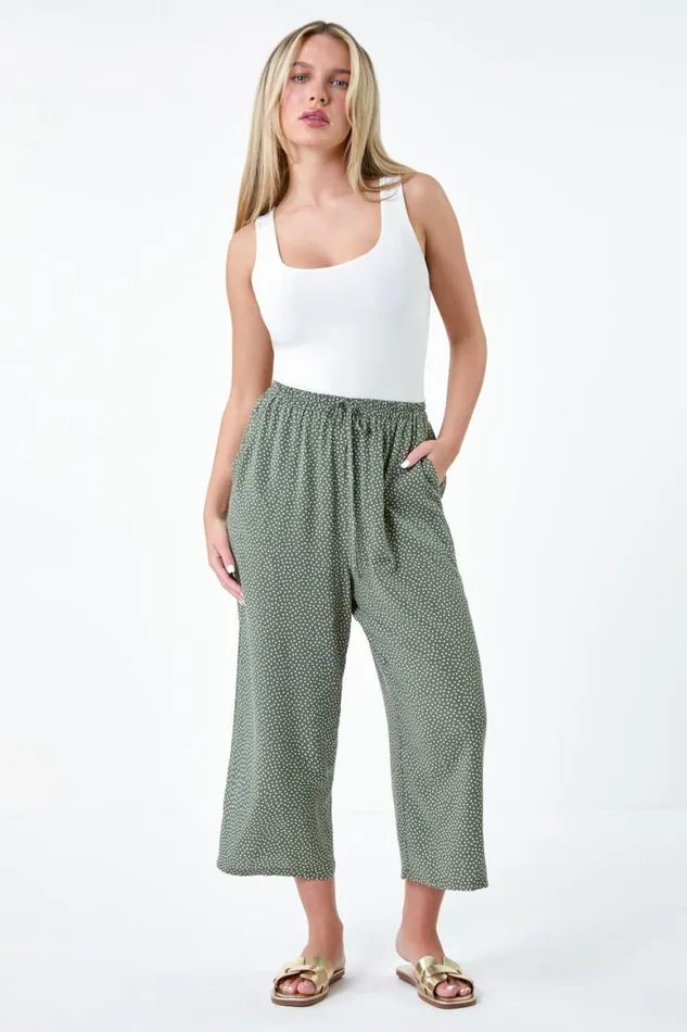 Women Khaki Petite Spot Print Stretch Culottes Roman Trousers