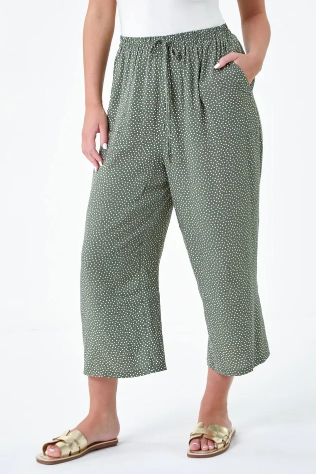 Women Khaki Petite Spot Print Stretch Culottes Roman Trousers