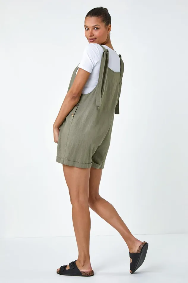 Women Khaki Shoulder Tie Cotton Playsuit Roman Dresses
