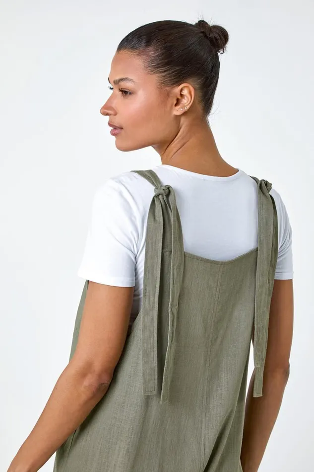 Women Khaki Shoulder Tie Cotton Playsuit Roman Dresses