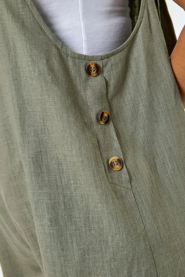 Women Khaki Shoulder Tie Cotton Playsuit Roman Dresses