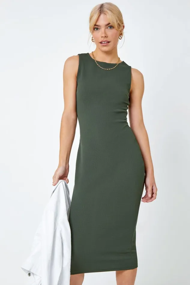 Women Khaki Sleeveless Midi Stretch Dress Roman Dresses