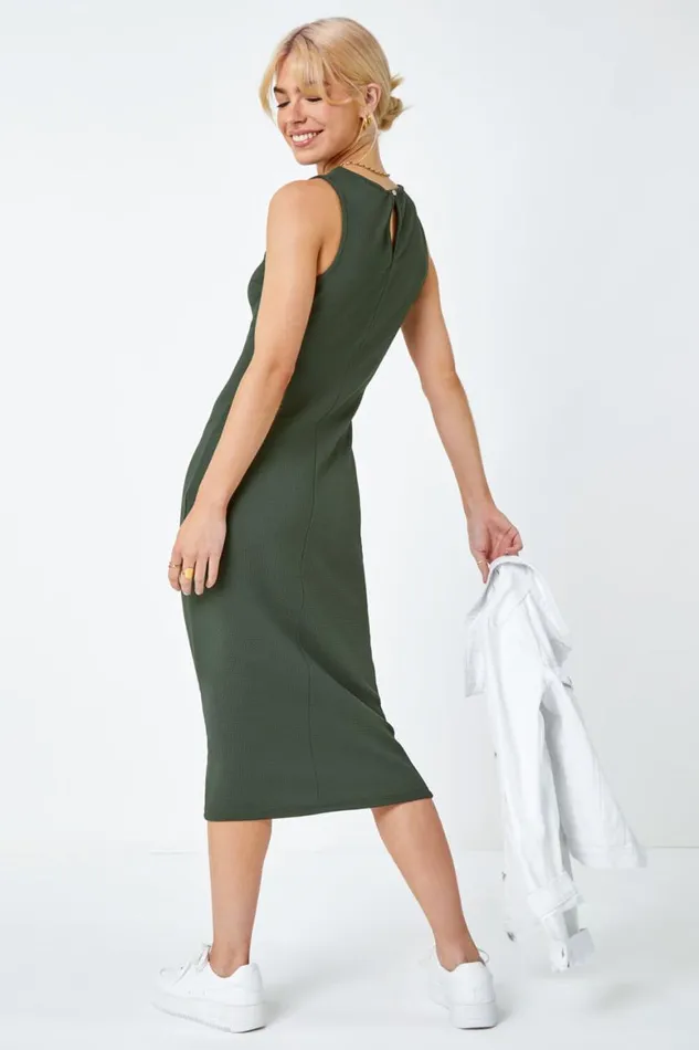 Women Khaki Sleeveless Midi Stretch Dress Roman Dresses