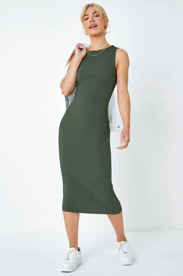 Women Khaki Sleeveless Midi Stretch Dress Roman Dresses