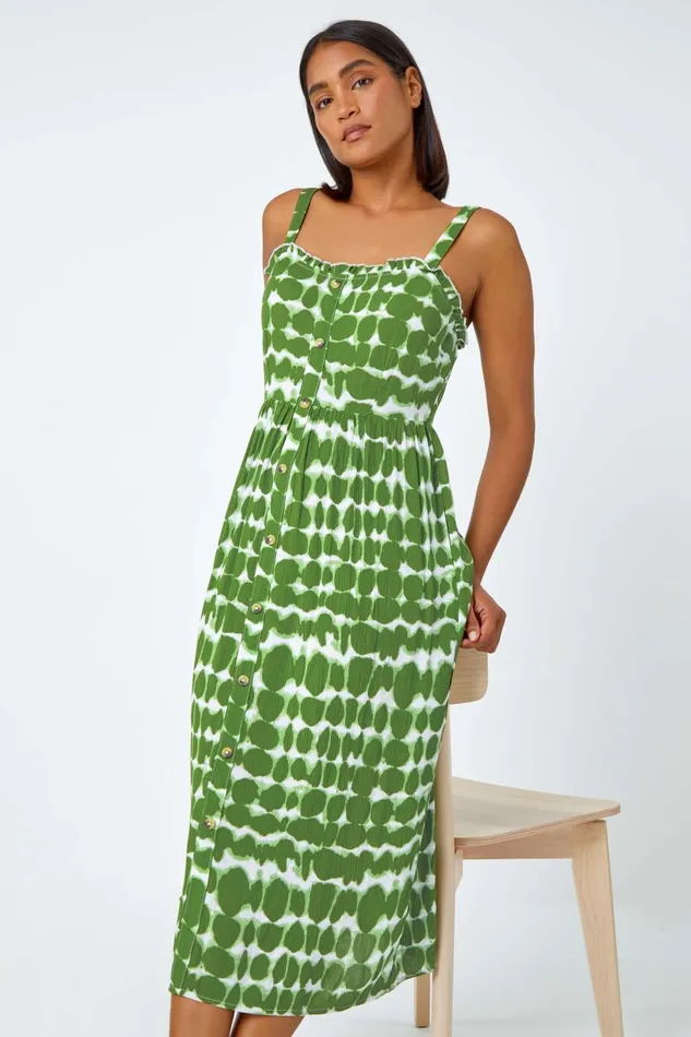 Women Khaki Tie Dye Spot Print Midi Sundress Roman Dresses