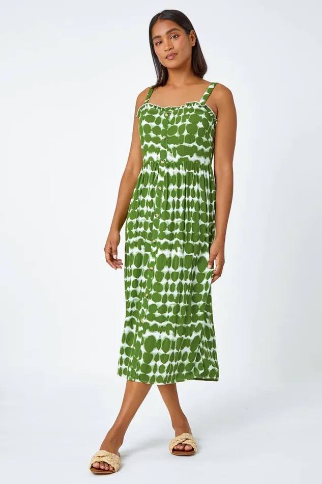 Women Khaki Tie Dye Spot Print Midi Sundress Roman Dresses