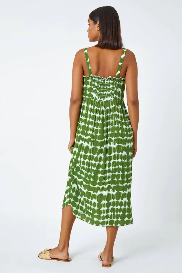 Women Khaki Tie Dye Spot Print Midi Sundress Roman Dresses