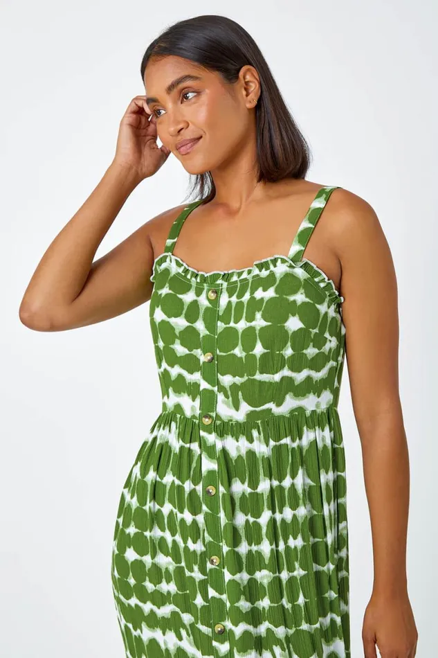 Women Khaki Tie Dye Spot Print Midi Sundress Roman Dresses
