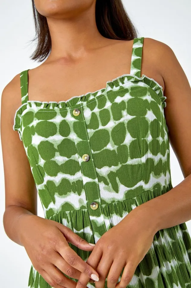 Women Khaki Tie Dye Spot Print Midi Sundress Roman Dresses