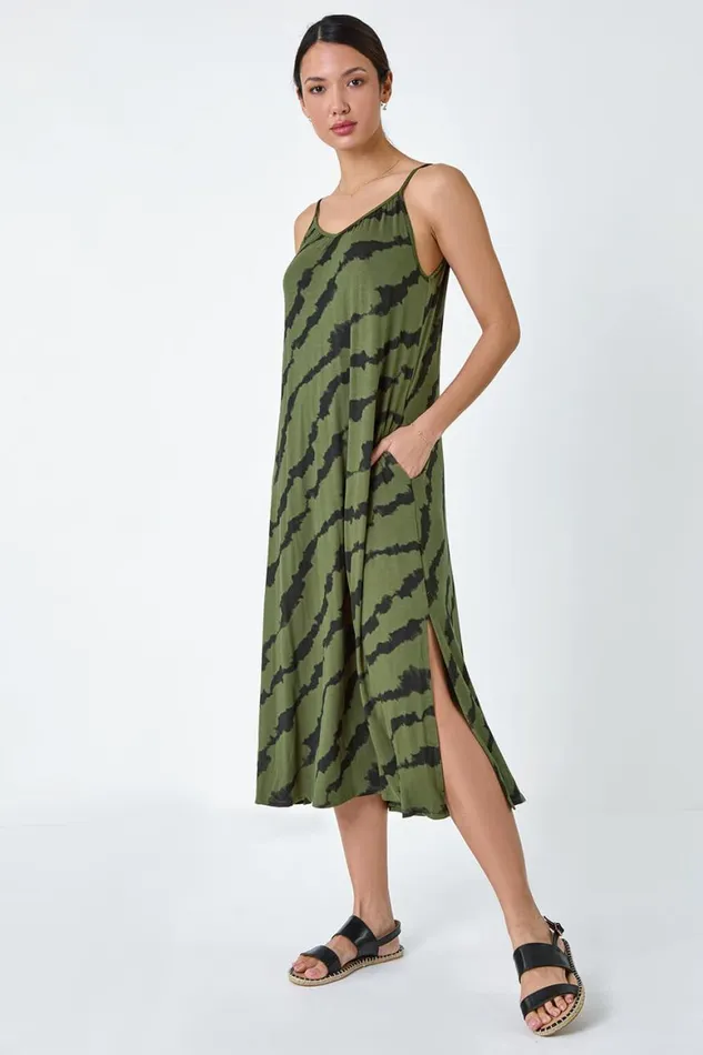 Women Khaki Tie Dye Stretch Jersey Pocket Midi Dress Roman Dresses