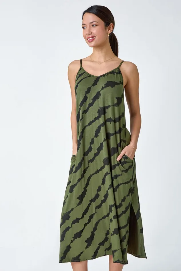 Women Khaki Tie Dye Stretch Jersey Pocket Midi Dress Roman Dresses