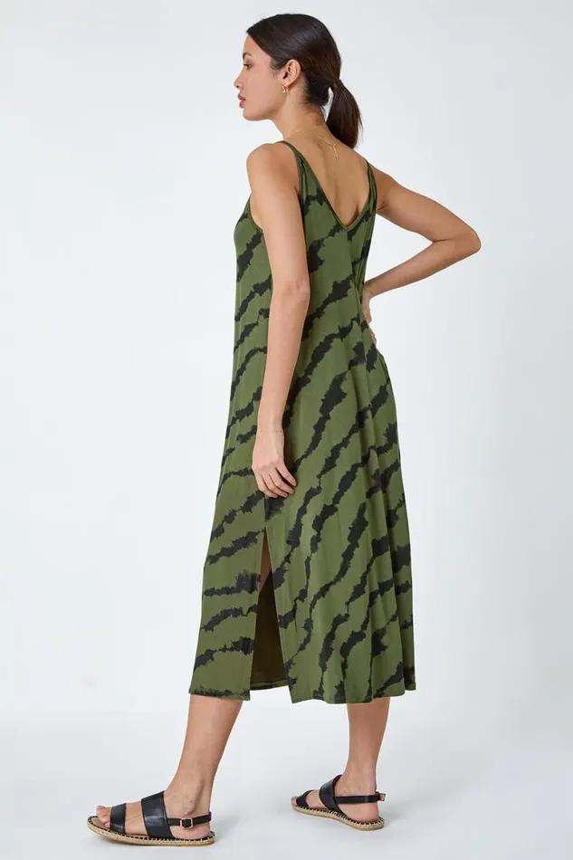 Women Khaki Tie Dye Stretch Jersey Pocket Midi Dress Roman Dresses