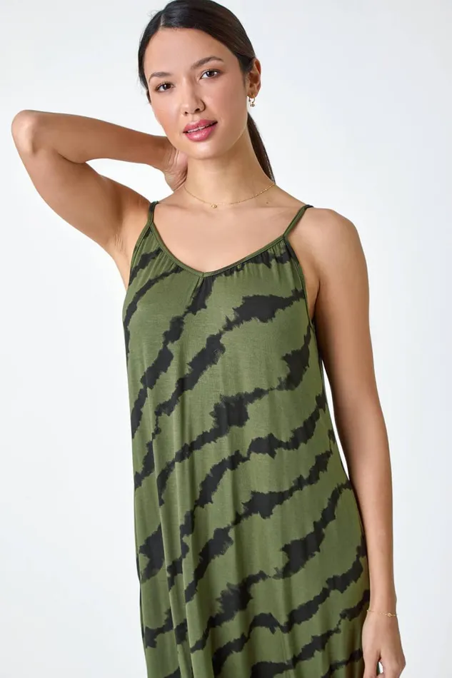 Women Khaki Tie Dye Stretch Jersey Pocket Midi Dress Roman Dresses