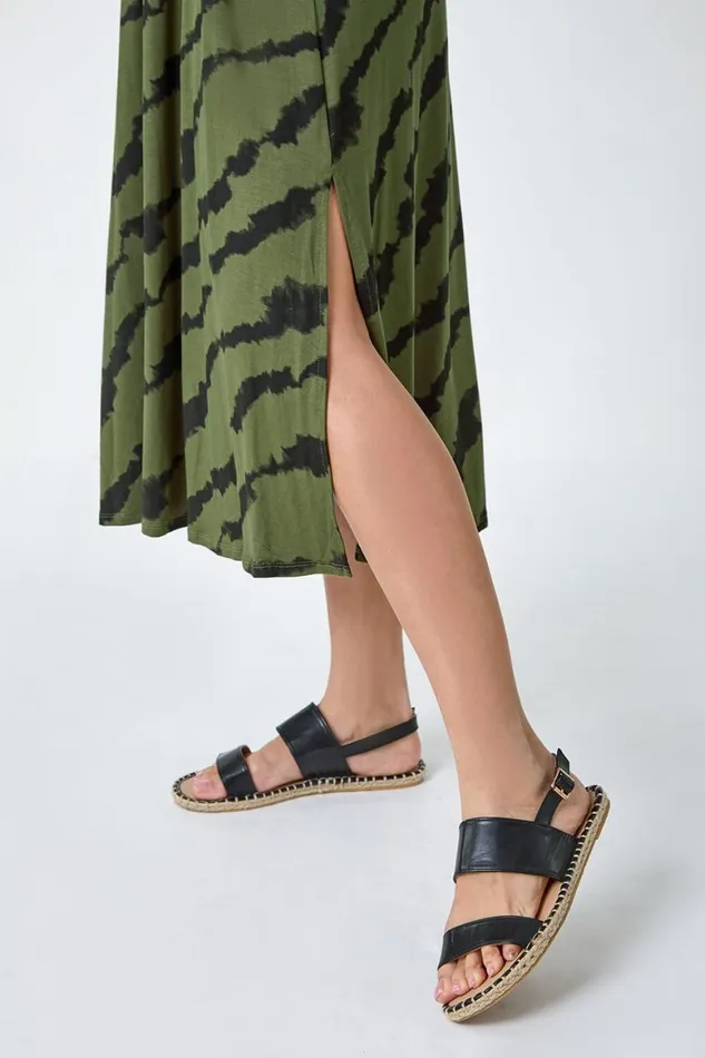 Women Khaki Tie Dye Stretch Jersey Pocket Midi Dress Roman Dresses