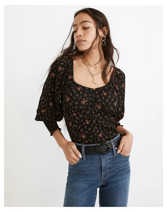 Women Kirstie Sweetheart Top In Fresh Sprigs True Black Madewell Tops and Shirts