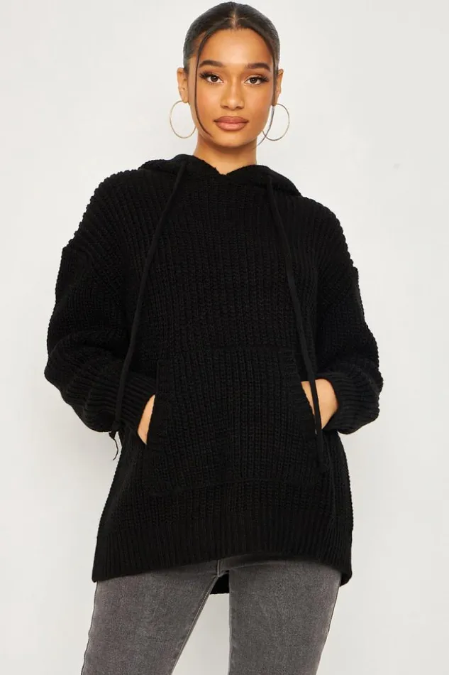 Women Knitted Hoodie In Black Black Brentiny Paris Sweaters and Sweatshirts