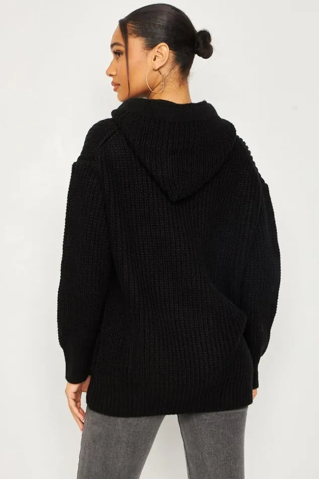 Women Knitted Hoodie In Black Black Brentiny Paris Sweaters and Sweatshirts