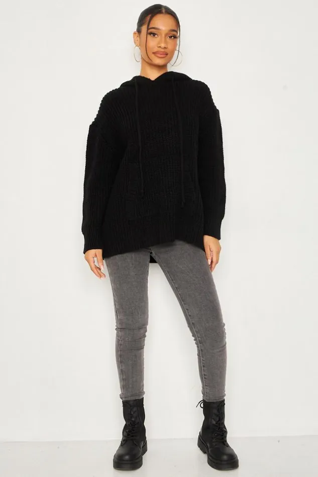 Women Knitted Hoodie In Black Black Brentiny Paris Sweaters and Sweatshirts