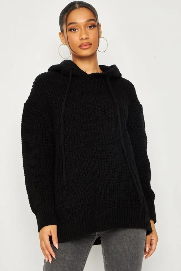 Women Knitted Hoodie In Black Black Brentiny Paris Sweaters and Sweatshirts